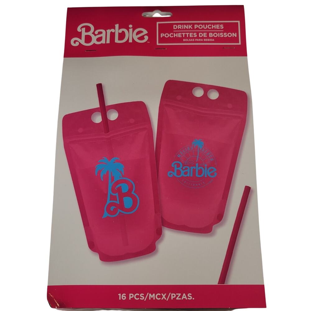 Barbie Drink Pouches Reusable Bags & Straws Malibu Beach Theme For 8 People